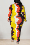 Yellow Casual Print Patchwork Turndown Collar One Step Skirt Plus Size Dresses