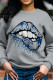 Grey Fashion Street Lips Printed Patchwork O Neck Tops