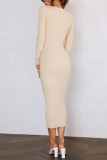 Apricot Sexy Solid Hollowed Out Patchwork Asymmetrical Asymmetrical Collar Pencil Skirt Dresses
