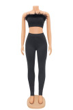 Black Fashion Sexy Solid Ripped Patchwork Backless Strapless Sleeveless Two Pieces