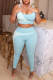 Blue Fashion Casual Sportswear Patchwork Contrast U Neck Sleeveless Two Pieces