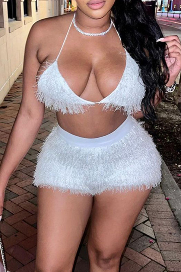 White Sexy Solid Patchwork Feathers Halter Sleeveless Two Pieces