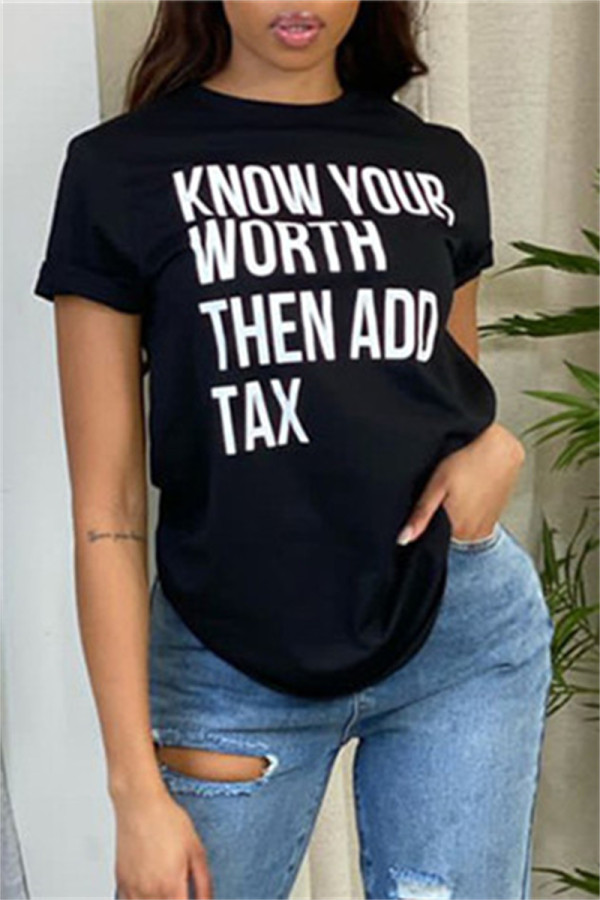 Black Fashion Casual Letter Print Basic O Neck T-Shirts