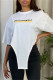 White Fashion Casual Letter Print Asymmetrical O Neck T-Shirts