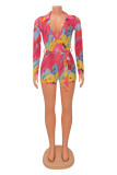 Red Fashion Sexy Print Patchwork V Neck Skinny Romper