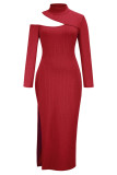Red Sexy Solid Slit Half A Turtleneck One Step Skirt Dresses