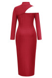 Red Sexy Solid Slit Half A Turtleneck One Step Skirt Dresses