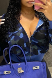 Blue Fashion Camouflage Print Patchwork Hooded Collar Outerwear