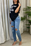 Brown Fashion Casual Letter Print Basic O Neck T-Shirts
