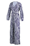 Blue White Fashion Casual Print Patchwork V Neck Regular Jumpsuits