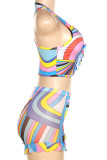 Colour Fashion Sexy Print Patchwork O Neck Sleeveless Two Pieces