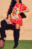 Red Fashion Casual Print Patchwork O Neck Short Sleeve Dress