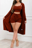Burgundy Sexy Solid Patchwork Spaghetti Strap Long Sleeve Three Pieces