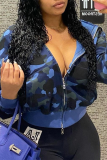 Blue Fashion Camouflage Print Patchwork Hooded Collar Outerwear