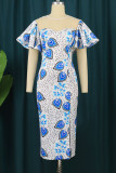 White Elegant Print Patchwork Slit O Neck One Step Skirt Dresses