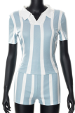 Blue White Fashion Striped Patchwork Turndown Collar Short Sleeve Two Pieces
