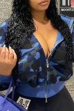 Blue Fashion Camouflage Print Patchwork Hooded Collar Outerwear