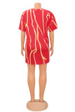 Red Fashion Casual Print Patchwork O Neck Short Sleeve Dress