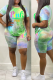 Green Fashion Patchwork Tie-dye O Neck Short Sleeve Two Pieces