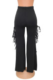 Black Fashion Casual Solid Bandage Slit Regular High Waist Trousers
