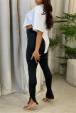 White Fashion Casual Letter Print Asymmetrical O Neck T-Shirts