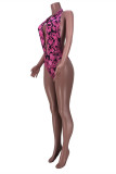 Rose Red Fashion Sexy Print Hollowed Out Cardigan Swimwears Two-piece Set