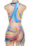 Colour Fashion Sexy Print Patchwork O Neck Sleeveless Two Pieces