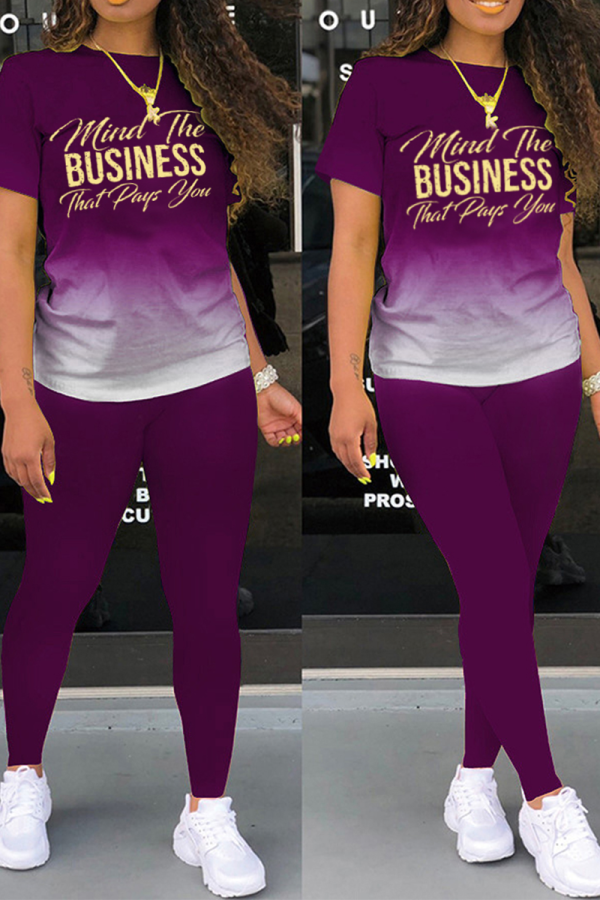 Purple Fashion Print Patchwork O Neck Short Sleeve Two Pieces