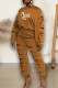 Dark Brown Street Print Hollowed Out Patchwork Long Sleeve Two Pieces