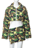 Camouflage Fashion Camouflage Print Patchwork Turndown Collar Long Sleeve Two Pieces