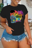 White Fashion Street Print Patchwork Letter O Neck T-Shirts