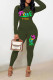 Army Green Casual Print Patchwork O Neck Long Sleeve Two Pieces