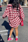 Red Casual Plaid Patchwork Turndown Collar Tops