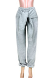 Grey Casual Street Solid Bandage Patchwork High Waist Straight Solid Color Bottoms