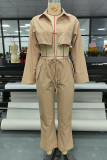 Khaki Sexy Solid Bandage Patchwork Turndown Collar Long Sleeve Two Pieces