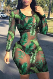 Green Sexy Print Patchwork O Neck Pencil Skirt Dresses