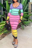 Colour Sexy Striped Backless V Neck Pencil Skirt Dresses
