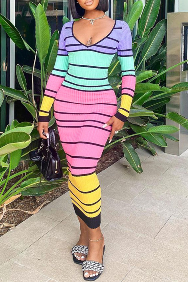 Colour Sexy Striped Backless V Neck Pencil Skirt Dresses