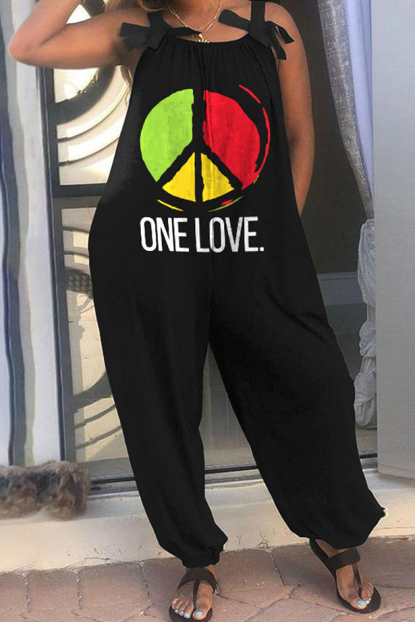 Black Red Casual Print Patchwork Spaghetti Strap Loose Jumpsuits