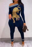 Tibetan Blue Fashion Casual Print Patchwork Slit Oblique Collar Long Sleeve Two Pieces