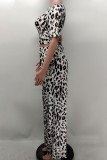 Leopard Print Sexy Print Leopard Bandage Patchwork O Neck Short Sleeve Two Pieces