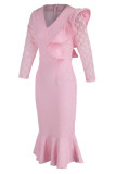 Pink Elegant Solid Patchwork Flounce V Neck Trumpet Mermaid Dresses