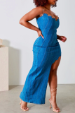 Baby Blue Sexy Solid Patchwork Strapless Irregular Dress Dresses