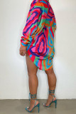 Blue Fashion Casual Print Patchwork Buckle Turndown Collar Tops