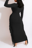 Black Sexy Solid Tassel Patchwork O Neck One Step Skirt Dresses