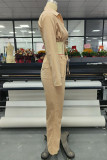 Khaki Sexy Solid Bandage Patchwork Turndown Collar Long Sleeve Two Pieces