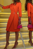 Orange Fashion Casual Solid Patchwork Fold Turn-back Collar Long Sleeve Dresses