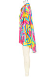 Blue Fashion Casual Print Patchwork Buckle Turndown Collar Tops