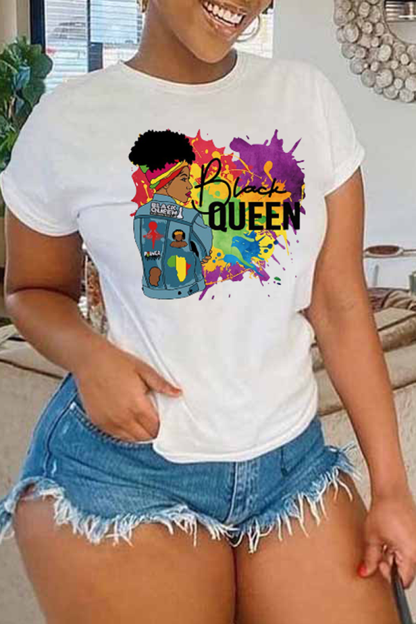 White Fashion Street Print Patchwork Letter O Neck T-Shirts