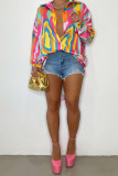 Blue Fashion Casual Print Patchwork Buckle Turndown Collar Tops